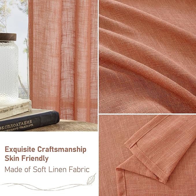 LAMIT Semi Sheer Linen Curtains 45 Inch Length, Terracotta Light Filtering Fall Decor Short Window Curtains with Bronze Grommet for Bedroom/Farmhouse, 2 Panels Set, 52 x 45 Inch
