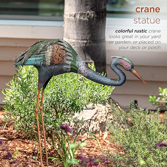 Alpine Corporation 30" Tall Outdoor Rustic Metal Bowing Crane Statue Yard Art Decoration