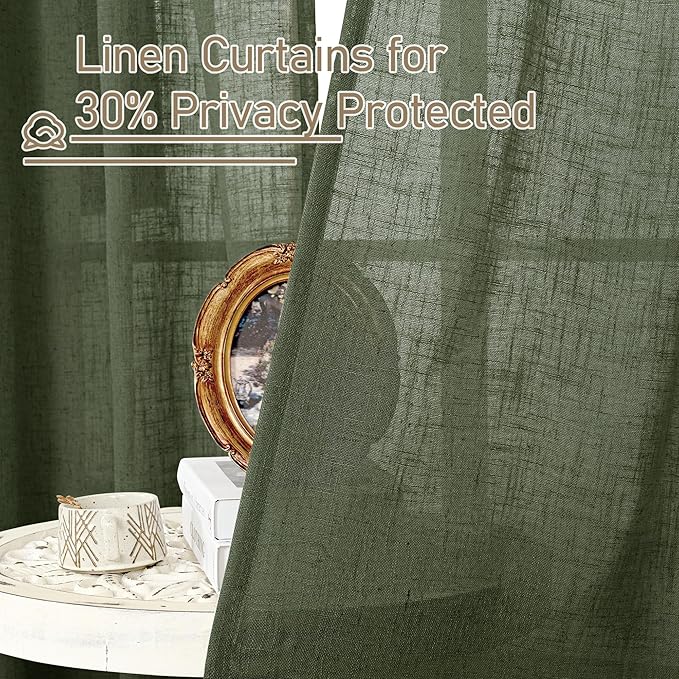 LAMIT Olive Green Linen Curtains 63 Inch Length 2 Panels for Bedroom, Light Filtering Window Treatments Semi Sheer Neutral Drapes with Bronze Grommet for Farmhouse, 34 X 63 Inch