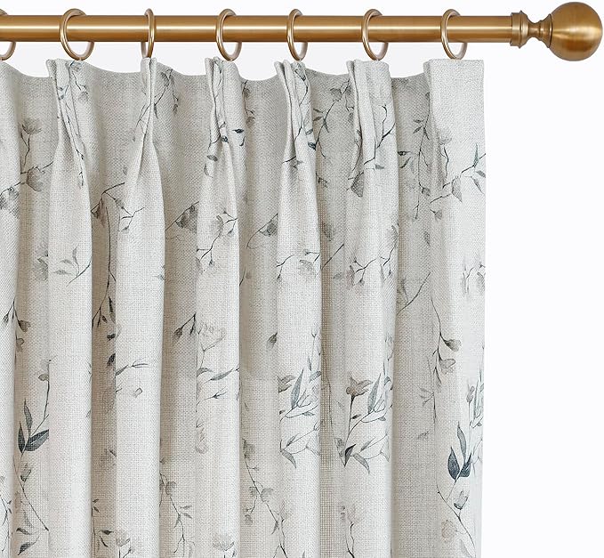 Pinch Pleated Floral Linen Curtains, 52 Inch Wide by 92 Inch Long Printed Curtains for Privacy Light Filtering, Suitable for Living Rooms and Sunrooms.2 Panels