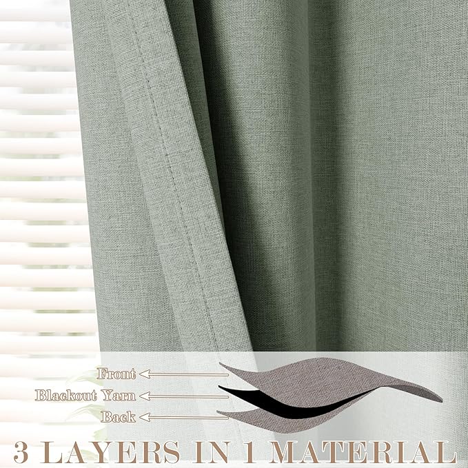 100% Blackout Linen Textured Drapes for Bedroom Pinch Pleated Curtains for Track System Portable Drapery for Sliding Glass Door/Storage/Space Room Divider, 70" Wx84 L, 1 PC, Fog Green