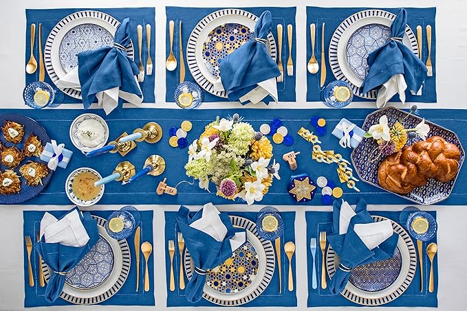 Solino Home Linen Hemstitch Table Runner 120 Inches Long - 100% Pure Linen Indigo Blue Table Runner 14 x 120 Inch for Fall, Autumn - Classic Hemstitch