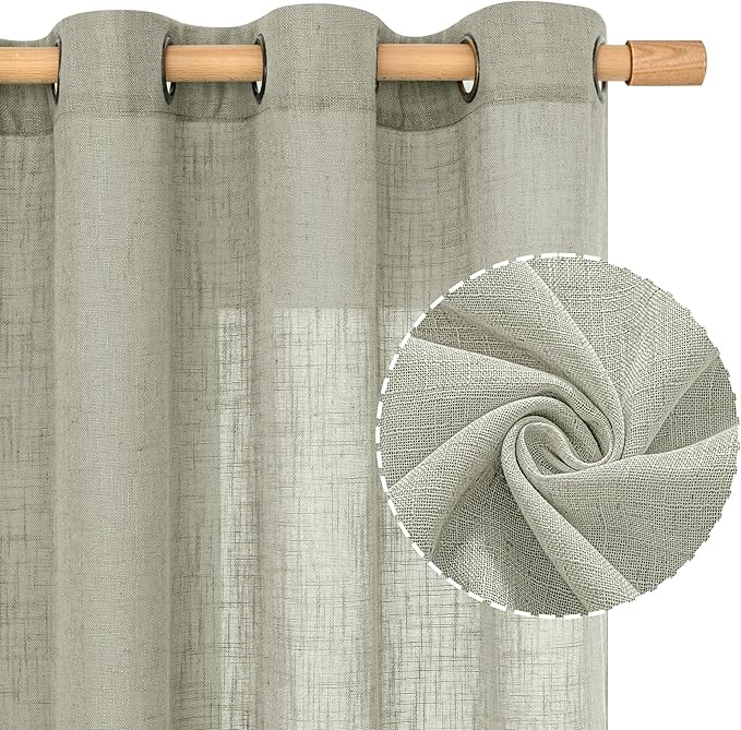 LAMIT Sage Grey Linen Curtains 45 inches Long for Bedroom, Soft Linen Textured Light Filtering Semi Sheer Panels with Bronze Grommet for Living Room, 2 Panels Set, 52 x 45 Inch