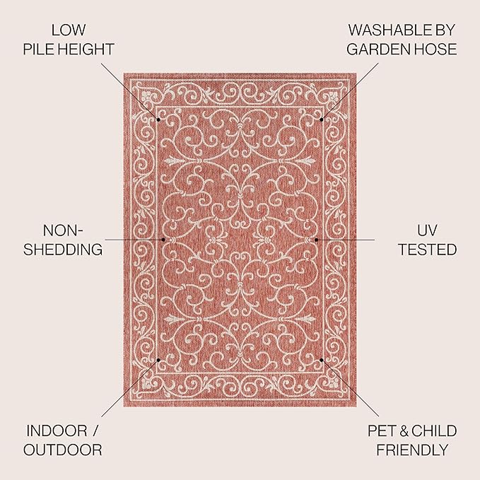 JONATHAN Y Vintage Filigree Indoor Outdoor Round Area Rug 5 Ft Red/Beige, Charleston Textured Weave for Backyard, Patio, Porch, Easy-Cleaning, High Traffic, Pet-Friendly, Non-Shedding (SMB106B-5R)