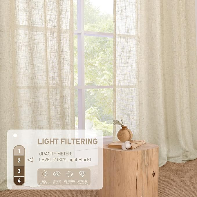 LAMIT Linen Curtains 63 inch Length for Living Room, Flax Textured Light Filtering Boho Semi Sheer Window Textured Modern Drapes with Bronze Grommet for Bedroom, 2 Panels Set, 60 x 63 Inch, Linen