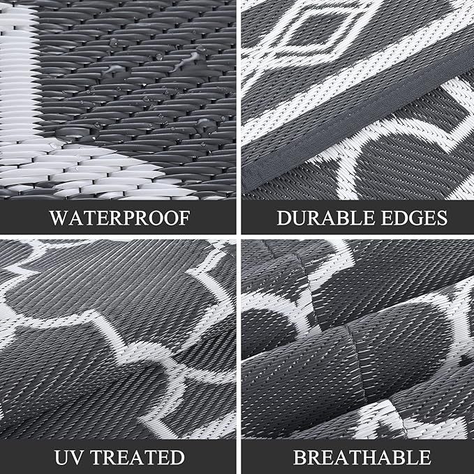 GAOMON Outdoor Rug Waterproof 8'x10', Reversible Outdoor Plastic Straw Rug, Boho Patio Rug, Indoor Outdoor Carpet, RV Mat Outside for Patio, Camp, Picnic, Balcony, Deck, Grey/White(Geometric)