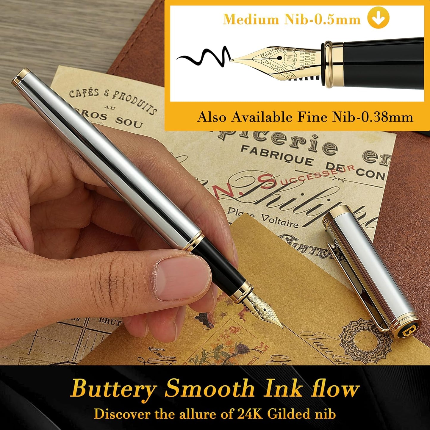 BEILUNER Silver Chrome Fountain Pen,Stunning Luxury with 24K Gold Accents, Gorgeous 24K Gilded Nib(Medium), Fancy Pen Gift for Men&Women -Ink Converter-Elegant, Office,Nice Pen for Writing