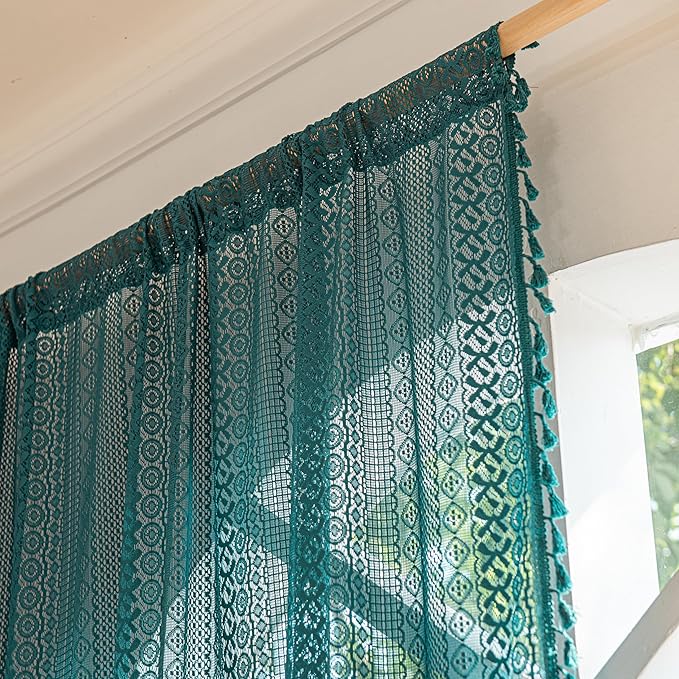 Sutuo Home Boho Curtains 108 inches Long for Bedroom Living Room Patio Doorway, Crochet Lace Sheer Bohemian with Tassels,Window Treatment Drapes, Single 1 Panel 59" W x 108" L, Turquoise