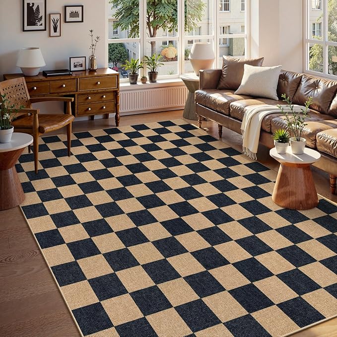 Lahome Checkered Easy Jute 8x10 Rug, Washable Rugs for Living Room Office, Farmhouse Neutral Non Slip Non Shedding Stain Resistance Indoor Outdoor Carpet for Balcony Patio Classroom