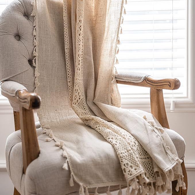Sutuo Home Boho Curtain Semi-Blackout Crochet Hollow Lace Patchwork with Textured Linen Fabric, Handmade Tassels Rod Pocket Bohemian Window Drapes for Living Bedroom, 59" W x 84" L, 1 Panel