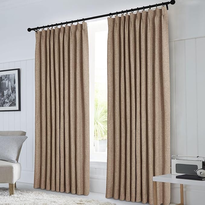 Macochico 100”Wx102”L 100% Blackout Pinch Pleated Linen Curtains for Sliding Door Bedroom Living Room Farmhouse Thermal Insulated Taupe Burlap Drapes with Tieback 1 Panel Shabby Chic Style