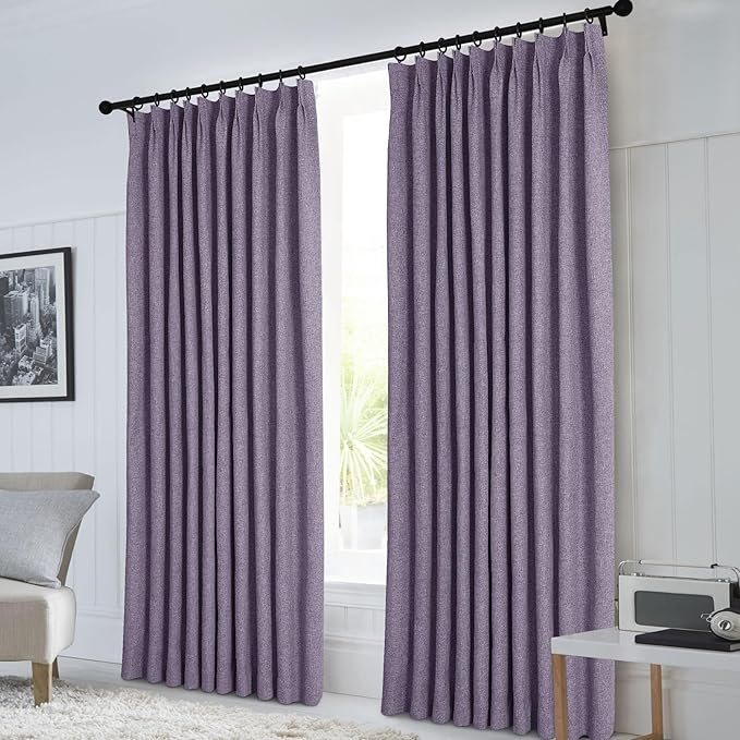 Macochico 120”Wx102”L 100% Blackout Linen Curtains Pinch Pleated Thermal Panels for Sliding Door Bedroom Living Room Farmhouse Shabby Chic Violet Burlap Curtains with Tieback 1 Panel