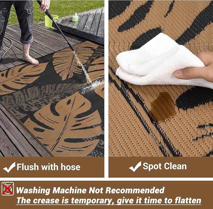 GAOMON Outdoor Patio Rug 9x18 Waterproof Outdoor Plastic Straw Rug Reversible Camping Mat, Foldable Portable RV Picnic Carpet with Bag & 4 Stakes, UV Resistant Outside Carpet for Deck Balcony, Brown