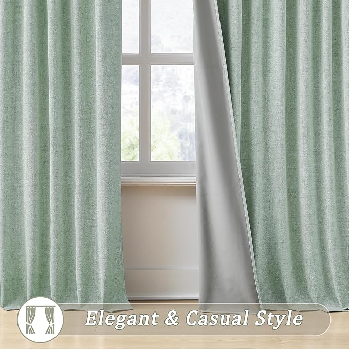 RAIN CITY Light Green Linen Blackout Curtains 102 Inch Long for Living Room,2 Panels Pinch Pleated Drape with Hooks Back Tab Boho Decor, Textured Full Black Out Curtains for Bedroom 50 x 102