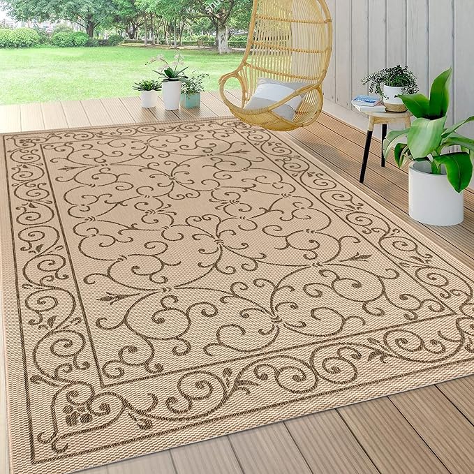 JONATHAN Y Vintage Filigree Indoor Outdoor Area Rug 9X12 Beige/Brown, Charleston Textured Weave for Backyard, Patio, Porch, Easy-Cleaning, High Traffic, Pet-Friendly, Non-Shedding (SMB106A-9)