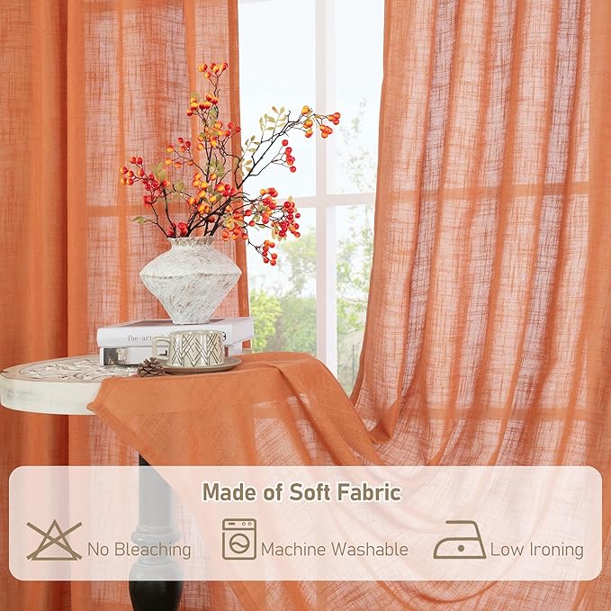 LAMIT Semi Sheer Linen Curtains 45 Inches Long, Bronze Grommet Light Filtering Panels Country Decor Drapes for Bedroom/Farmhouse/Windows, 52 x 45 Inch, Burnt Orange, 2 Panels Set