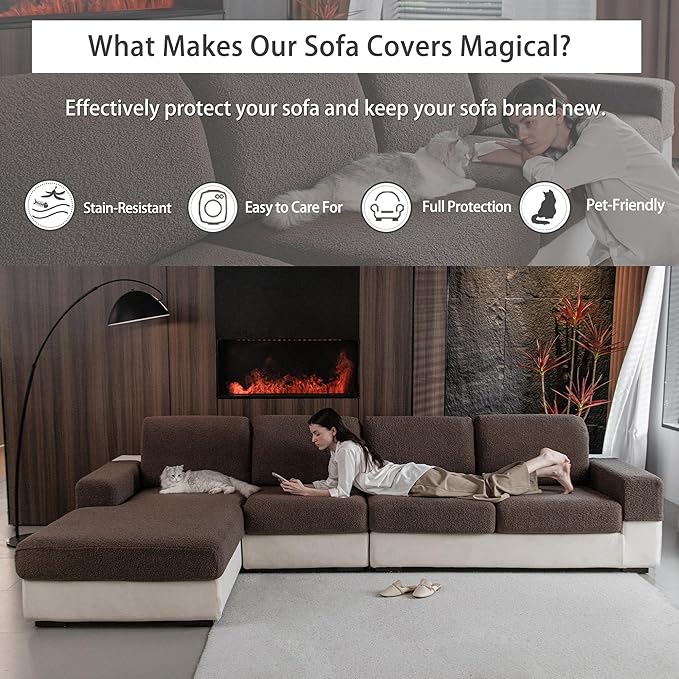 Couch Cushion Covers for Sectional Sofa, Stretch Soft Sofa Slipcovers Washable Wear-Resistant Universal Furniture Protector for Living Room(2 Seaters Covers, Brown)