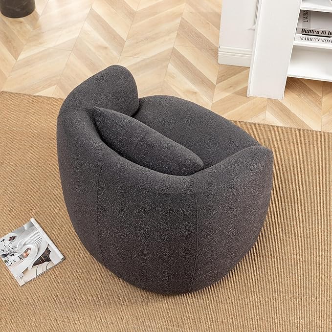 KINWELL 34" Wide Boucle Swivel Barrel Chair, No Assembly Round Upholstered Armchair Accent Chair Single Sofa Chair with Toss Pillow for Living Room and Bedroom, Dark Grey