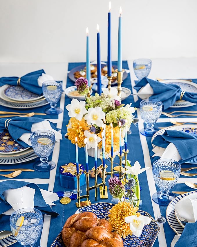 Solino Home Linen Indigo Blue Table Runner 90 Inches Long - 100% Pure Linen 14 x 90 Inch Table Runner for Fall, Autumn - Classic Hemstitch