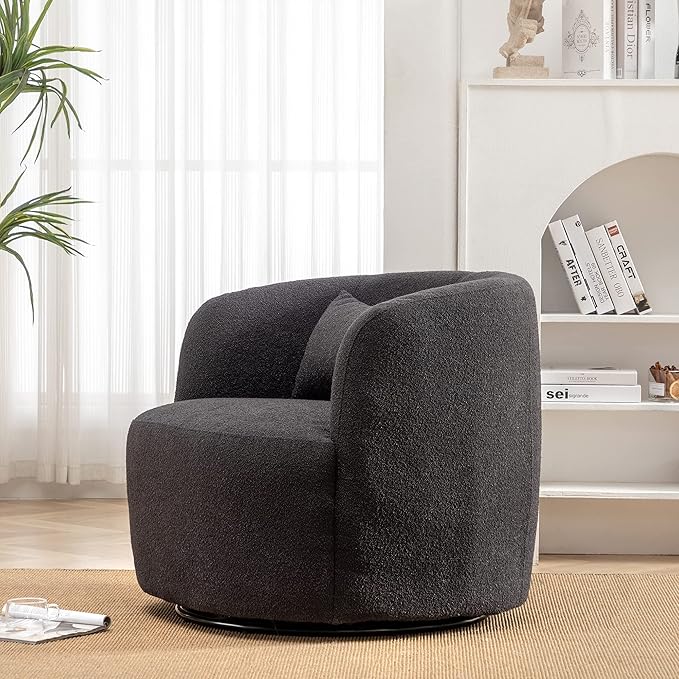 KINWELL 34" Wide Boucle Swivel Barrel Chair, No Assembly Round Upholstered Armchair Accent Chair Single Sofa Chair with Toss Pillow for Living Room and Bedroom, Dark Grey