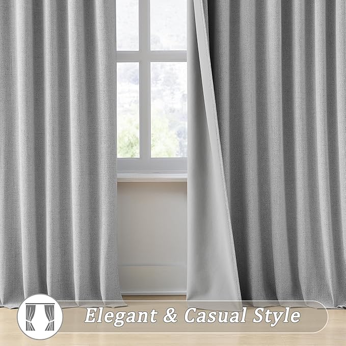 RAIN CITY Grey Linen Curtains 84 Inches Long,100% Blackout Room Darkening Textured Curtains for Bedroom Living Room Thermal Back Tab Rod Pocket Curtains 2 Panels with Hooks 50 x 84