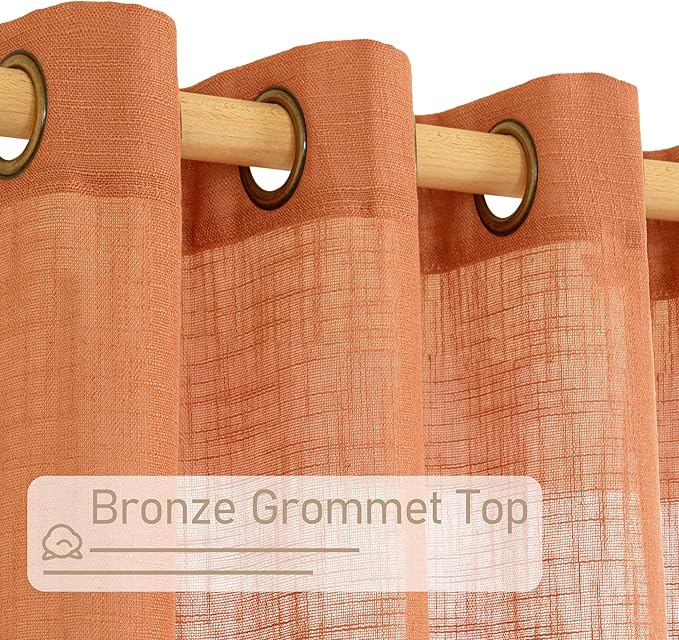 LAMIT Burnt Orange Linen Curtains 48 Inch Length for Kitchen, Semi Sheer Light Filtering Panels Bronze Grommet Small Window Drapes for Basement, 2 Panels, 34 x 48 Inch