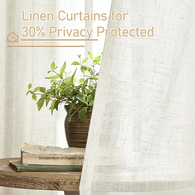 LAMIT Light Filtering Sheer Linen Curtains 84 inches Long, Linen Textured Semi Sheer Bronze Grommet Natural Boho Drapes for Living Room/Farmhouse/Bedroom, 2 Panels, Cream, 60 x 84 Inch