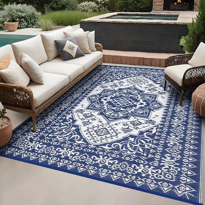 GAOMON Large Outdoor Plastic Straw Rug 10x14 Waterproof Patio Rug Reversible Foldable Portale Camping Mat with Stakes & Bag, Vintage Boho Outside Carpet for RV Garden Deck Porch, Navy
