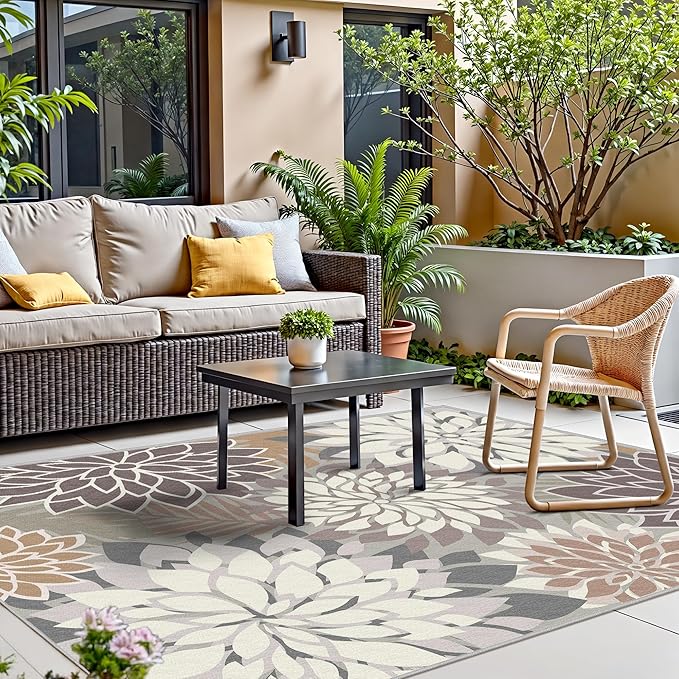 Indoor Outdoor Area Rug Washable Multicolored Patio Rug Tropical Botanical Modern Floral Indoor Outdoor Carpet Brown White Rug Non Slip Non Shedding for Patio, Deck, Backyard, Porch (5x8)