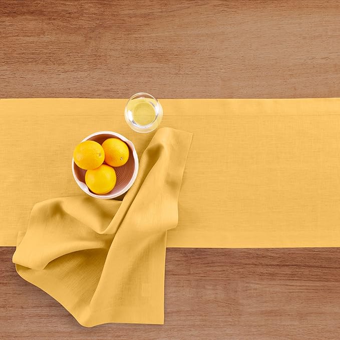 Solino Home Linen Mustard Yellow Table Runner 60 Inches - 100% Pure Linen Farmhouse Short Table Runner 14 x 60 Inch Ideal for Dresser and Coffee Tables - Fete