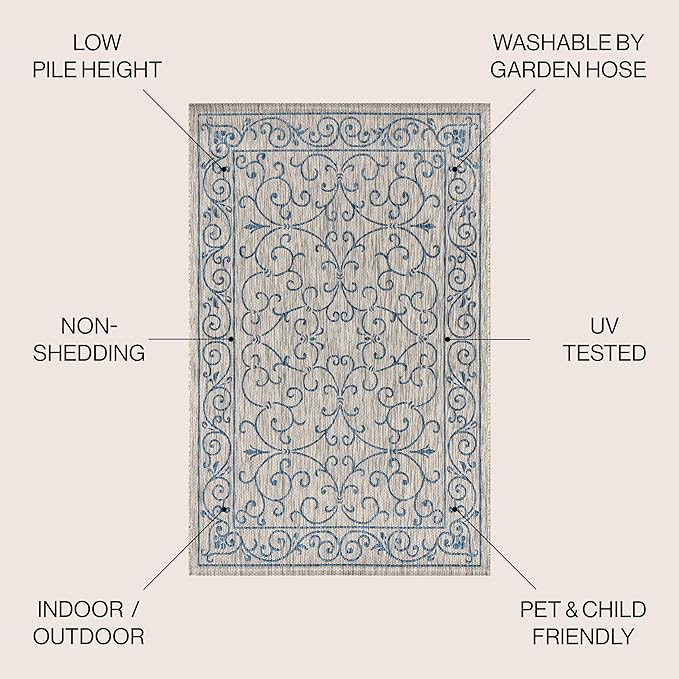 JONATHAN Y Vintage Filigree Indoor Outdoor Area Rug 3X5 Gray/Navy, Charleston Textured Weave for Backyard, Patio, Porch, Easy-Cleaning, High Traffic, Pet-Friendly, Non-Shedding (SMB106C-3)