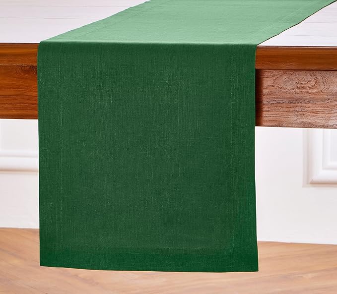 Solino Home Linen Table Runner 60 Inches - 100% Pure Linen Pine Green Table Runner 14 x 60 Inch Ideal for Dresser and Coffee Tables - Fall, Autumn, Thanksgiving - Fete