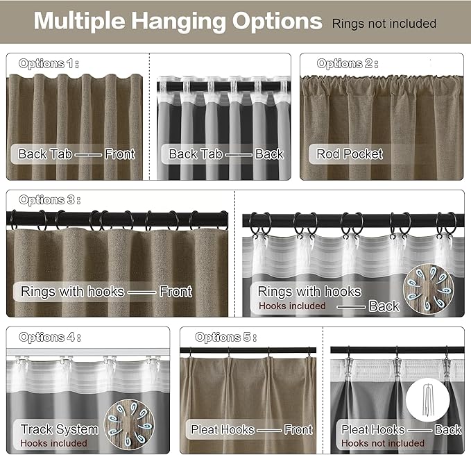RAIN CITY Linen Brown Curtains 102 Inch Long 2 Panels Burg, Full Blackout Back Tab Pleated Look Drapes with Hooks, Thermal Insulated Boho Rustic Curtains for Living Room (50x102 in Lenght,Linen)