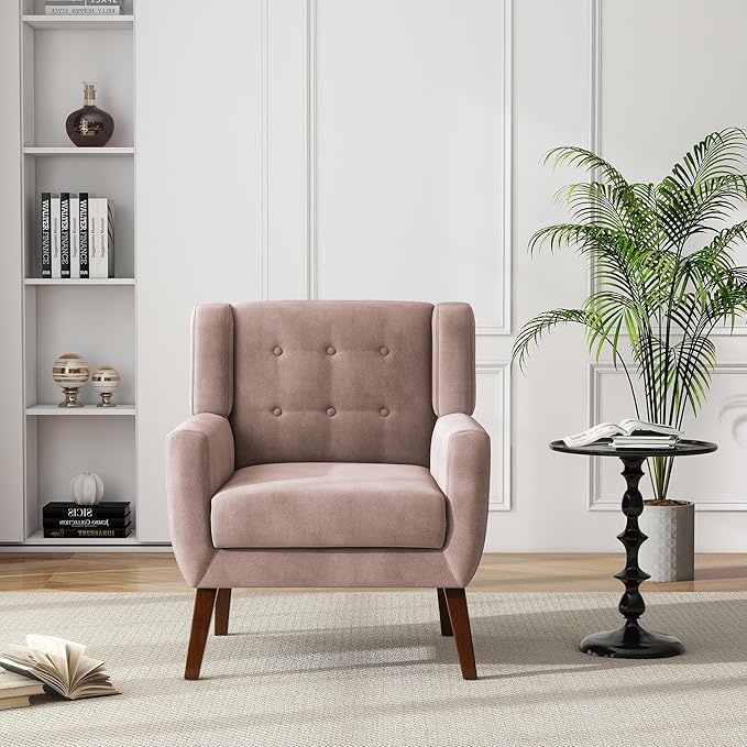 UIXE Accent Chair, Velvet Upholstered Armchair for Living Room, Modern Club Arm Chairs Comfy Single Sofa Button Tufted Bedroom Reading Seat - Skin Pink, Set of 4
