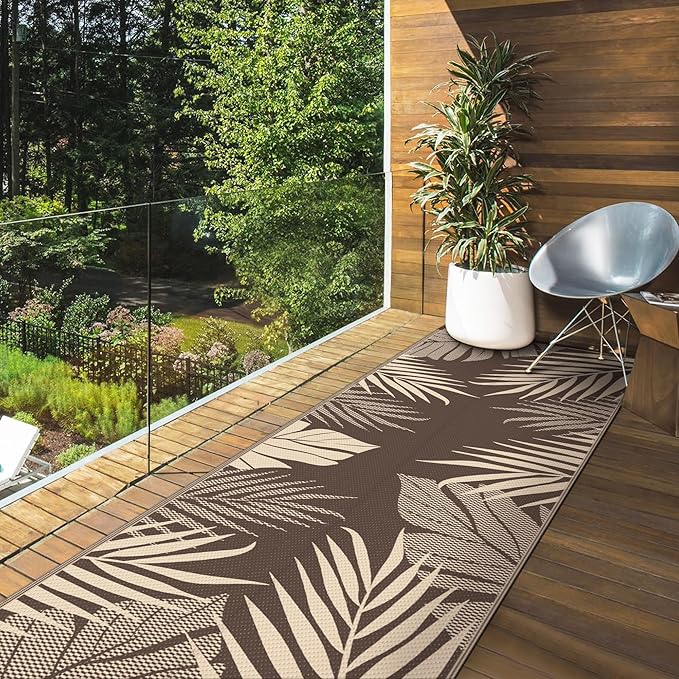 GENIMO Outdoor Rug 2.5' x 8' Waterproof for Patios Clearance, Reversible Outdoor Plastic Straw Camping Rug Carpet, Large Area Rugs Mats for RV, Camper, Deck, Balcony, Porch, Beach, Coffee&Beige