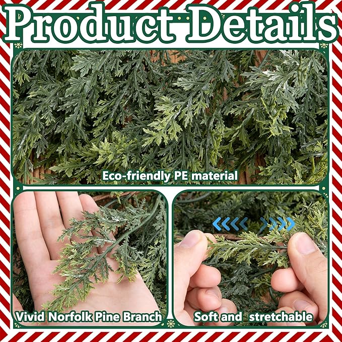 2 Pcs Christmas Norfolk Pine Garlands, 6 Ft Double Color Real Touch Artificial Cedar Garland, Faux Pine Cypress Greenery Garland Ornaments for Mantle Fireplace Table Indoor Outdoor Xmas Decoration