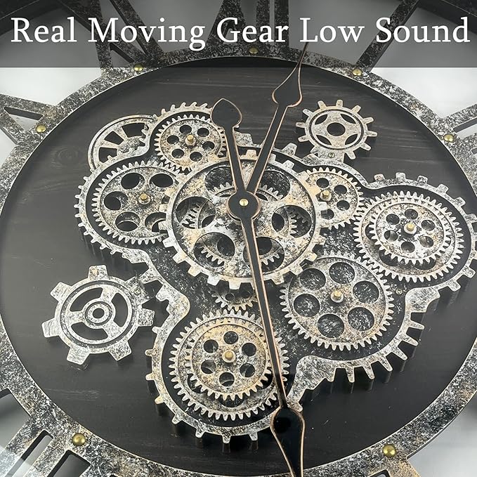 24 Inch Moving Gear Wall Clock, Oversized Wall Clocks, Clock Living Room Decor, Solid Wood Frame, Battery Operated, Large Wall Clock with Steampunk Industrial for Fireplace(Black)