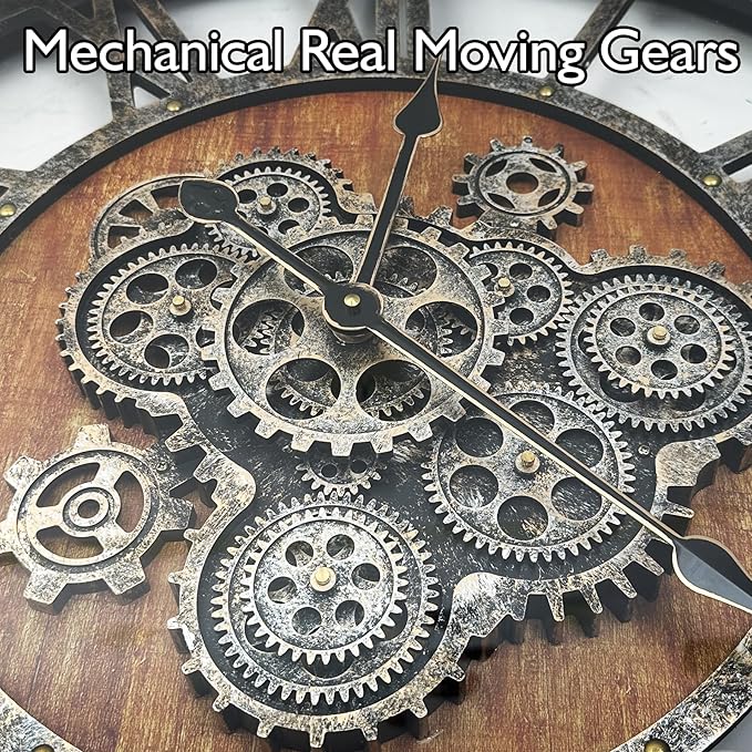 27 inch Large Real Moving Gears Wall Clock with Toughened Glass Cover, Oversized Vintage Solid Wood Farmhouse Clock, Giant Decorative Rustic Wall Clock for Living Room Home Kitchen Office (Brown)