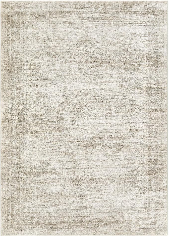 Washable Area Rugs for Living Room -10x12 Neutral Vintage Distressed Floral Farmhouse Boho Large Soft Floor Rug Indoor Non Slip Carpet for Living Room Bedroom Dining Room Office - Beige