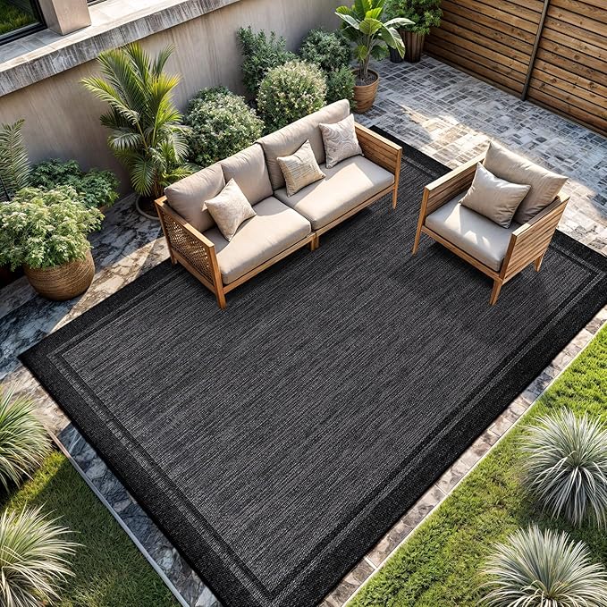 CAMILSON Indoor Outdoor Rug, 10x14 Bordered Dark Grey Black Modern Large Area Rugs for Indoor and Outdoor Patios, Kitchen and Hallway Mats, Washable Porch Deck Outside Carpet (Bordered Black, 10 x 14)