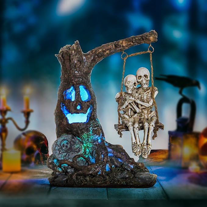 Halloween Skull Statue with Spooky LED Light for Holiday Decorations, Halloween Decor with Romantic Skeleton Couple on Swing Tombstone Tree, Grinning Skull Decor Props Haunted Collectible Gift