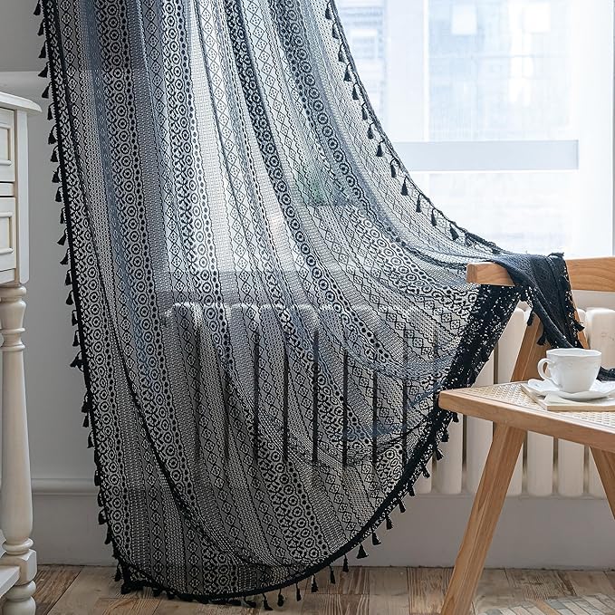 Sutuo Home Black Boho Curtain 84 Inches Length, Sheer Crochet Lace Handmade Tassels Knitted Window Treatment Vintage Rustic Bohemian Farmhouse Drape for Bedroom Rod Pocket 1 Panel 59" W x 84" L