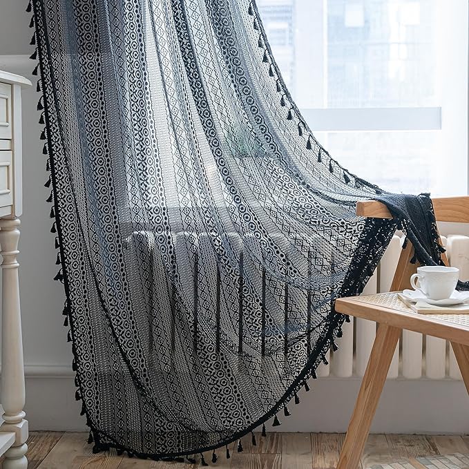 Sutuo Home Black Boho Curtain for Halloween Decor, Sheer Crochet Lace Handmade Tassels Knitted Window Treatment Vintage Rustic Bohemian Farmhouse Drape for Bedroom Rod Pocket 1 Panel 59" W x 96" L
