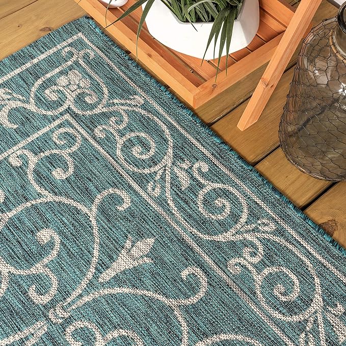 JONATHAN Y Vintage Filigree Indoor Outdoor Area Rug 5X8 Teal/Gray, Charleston Textured Weave for Backyard, Patio, Porch, Easy-Cleaning, High Traffic, Pet-Friendly, Non-Shedding (SMB106F-5)