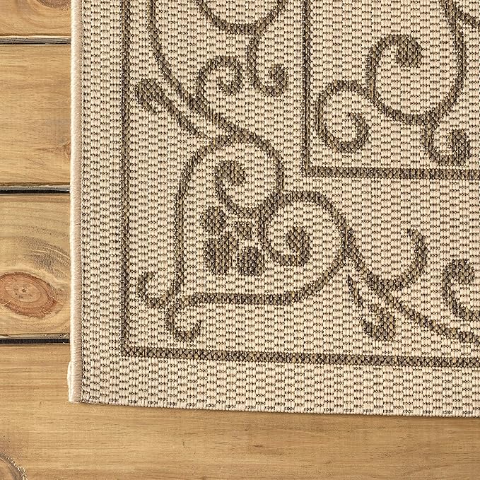 JONATHAN Y Vintage Filigree Indoor Outdoor Round Area Rug 8 Ft Beige/Brown, Charleston Textured Weave for Backyard, Patio, Porch, Easy-Cleaning, High Traffic, Pet-Friendly, Non-Shedding (SMB106A-8R)