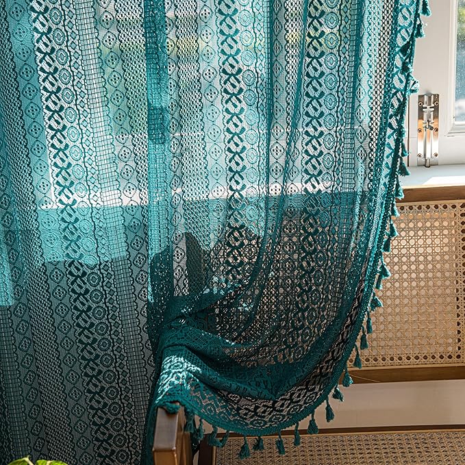 Sutuo Home Turquoise Boho Curtains 90 inches Long for Bedroom Living Room Dining Room, Crochet Lace Sheer Bohemian Hollow with Tassels, Country Window Treatment Drapes, 1 Panel 59" W x 90" L