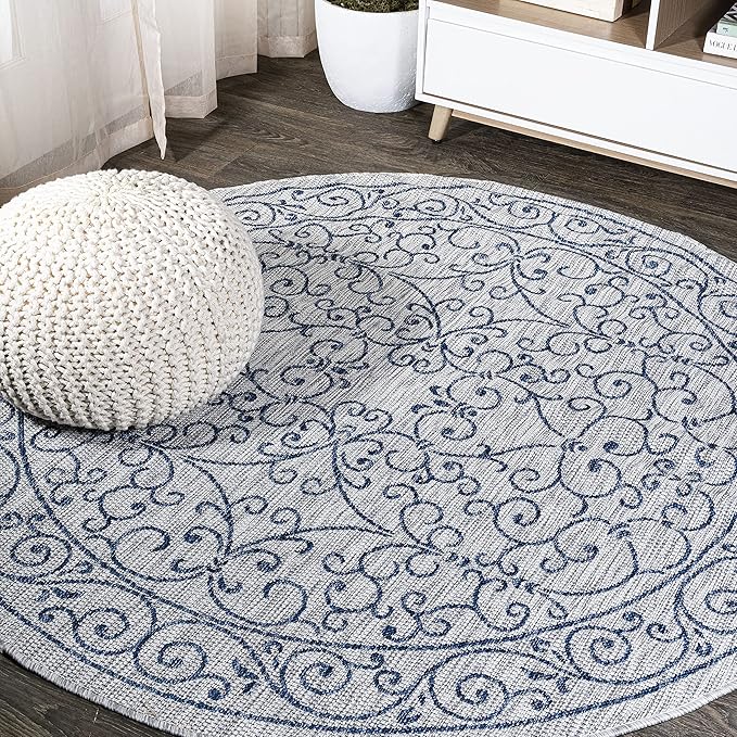 JONATHAN Y Vintage Filigree Indoor Outdoor Round Area Rug 4 Ft Gray/Navy, Charleston Textured Weave for Backyard, Patio, Porch, Easy-Cleaning, High Traffic, Pet-Friendly, Non-Shedding (SMB106C-4R)
