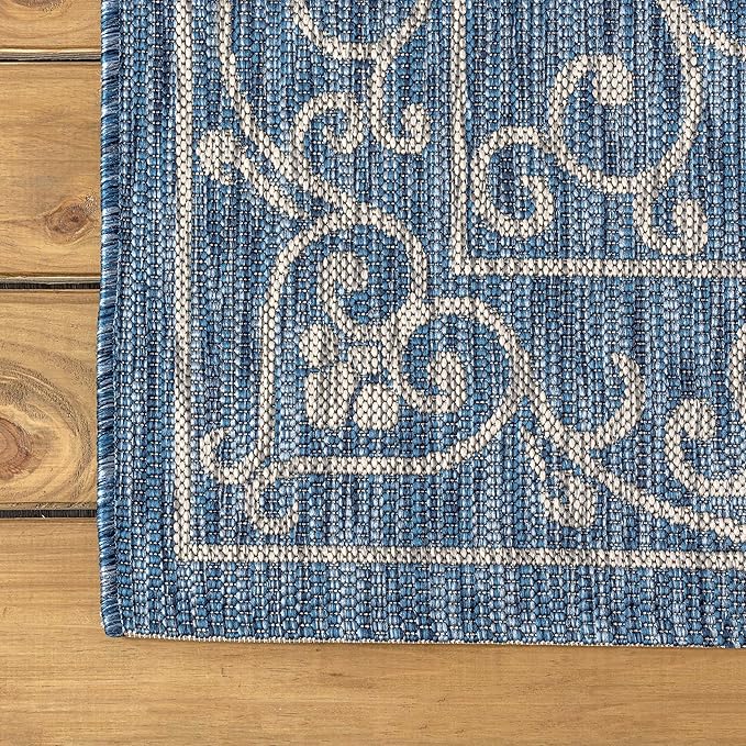 JONATHAN Y Vintage Filigree Indoor Outdoor Round Area Rug 8 Ft Navy/Gray, Charleston Textured Weave for Backyard, Patio, Porch, Easy-Cleaning, High Traffic, Pet-Friendly, Non-Shedding (SMB106D-8R)