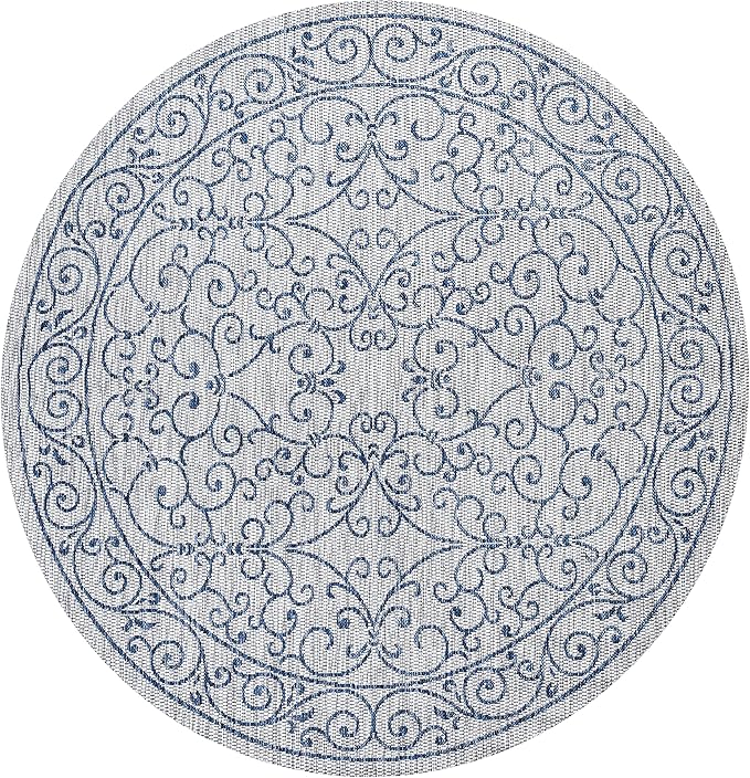 JONATHAN Y Vintage Filigree Indoor Outdoor Round Area Rug 9 Ft Gray/Navy, Charleston Textured Weave for Backyard, Patio, Porch, Easy-Cleaning, High Traffic, Pet-Friendly, Non-Shedding (SMB106C-9R)
