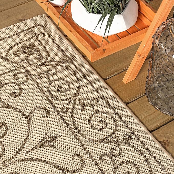 JONATHAN Y Vintage Filigree Indoor Outdoor Round Area Rug 9 Ft Beige/Brown, Charleston Textured Weave for Backyard, Patio, Porch, Easy-Cleaning, High Traffic, Pet-Friendly, Non-Shedding (SMB106A-9R)